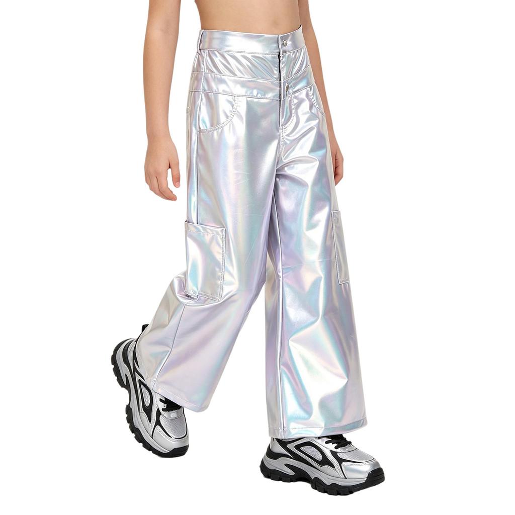 High Waist Press Button Wide-leg Cargo Pants Metallic Finish Multi-pocket Trousers for Kids Girls Hip Hop Dance Performance