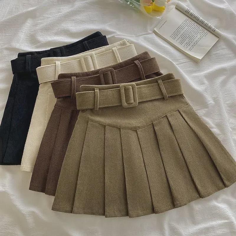 Women's Corduroy Pleated A-Line Skirt – High Waist, Slim Fit, College Style for Spring, Autumn, and Winter 2024