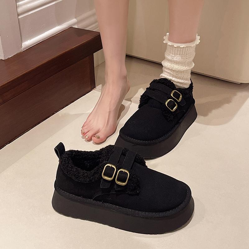 Модные зимние женские сноубутсы с круглым носком, двойной пряжкой, горячая распродажа 2024, на толстой подошве, теплый плюш, средний каблук, водонепроницаемые, повседневные женские туфли