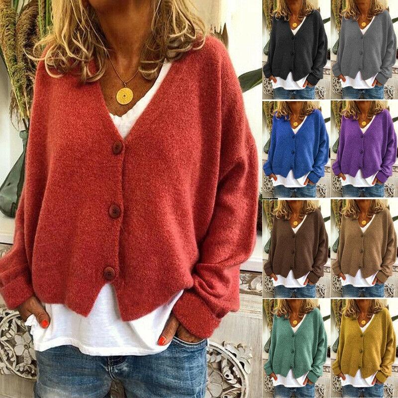 Knitted Womens Plain Coat Cardigan Ladies Button Loose Jumpers Sweater Size Plus