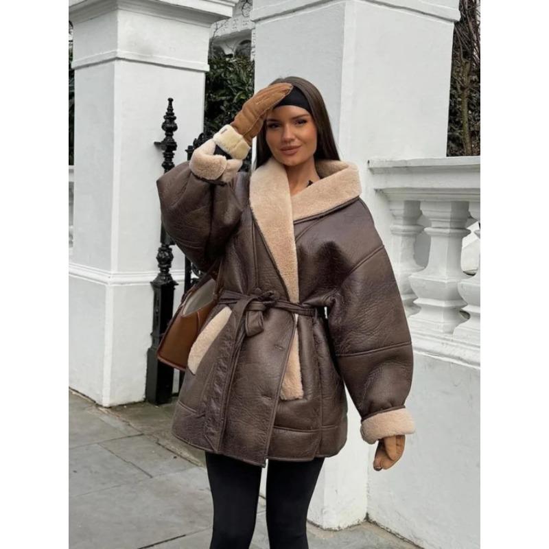 Зимние толстые плюшевые кожаные куртки женские офисные однобортные с отложным воротником пальто свободного покроя женские с длинным рукавом пальто топы