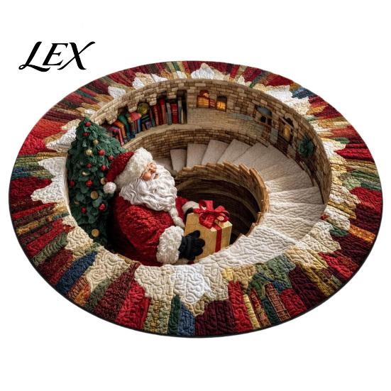 Non Slip Bedroom Accent Rug Christmas Round Area Rug, 3D Optical Illusion Floor Mat with Santa Candy Cane Winter Holiday Carpet Print, Non-Slip Stain