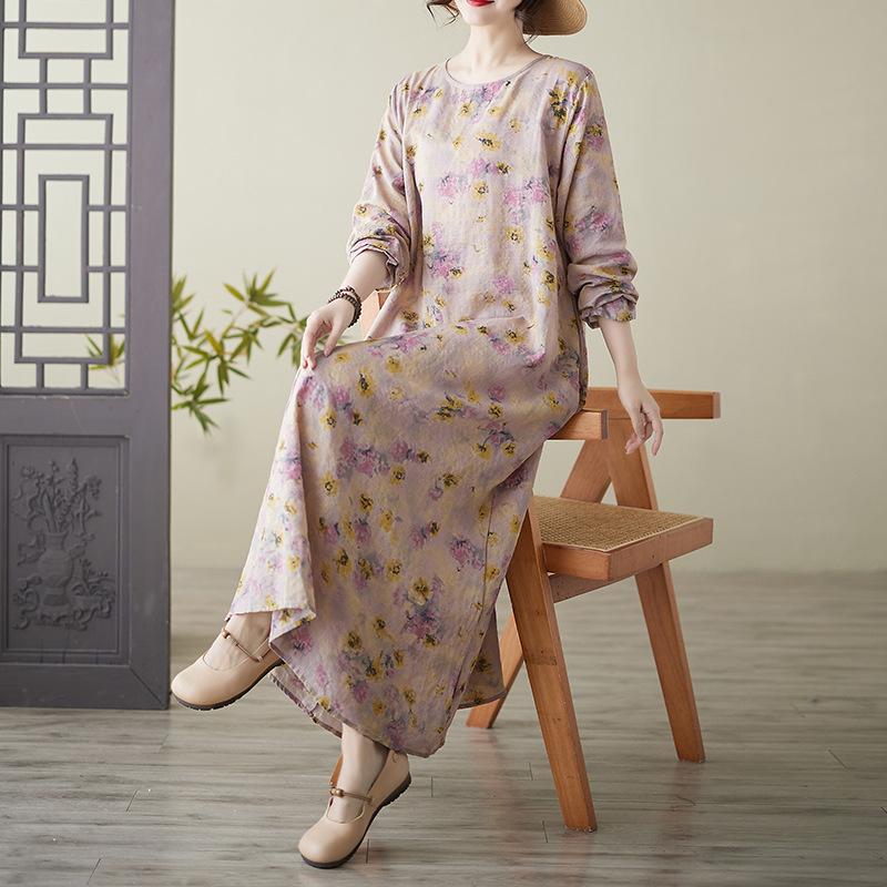 Весеннее литературное платье больших размеров с принтом, круглым вырезом, длинными рукавами, повседневное платье для женщин, вечерние платья