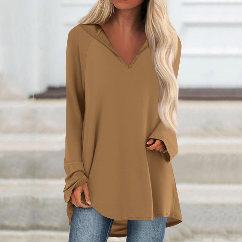 Женские свободные топы с V-образным вырезом и капюшоном с длинными рукавами, повседневные топы, домашние пижамы для отдыха, топы
