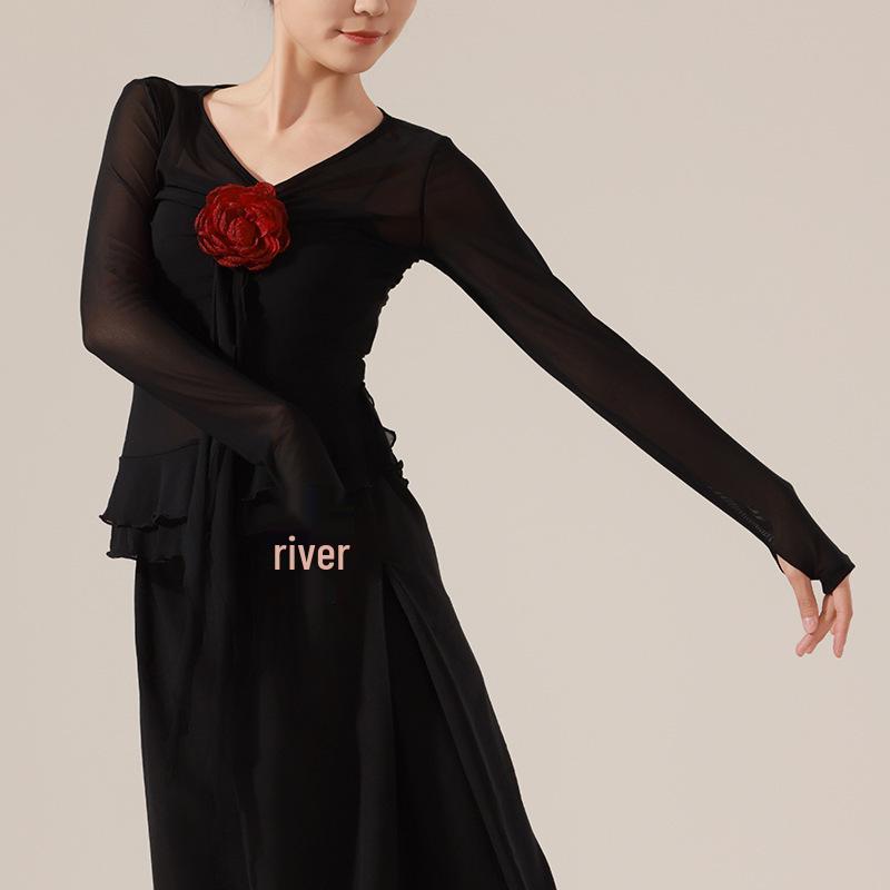 Женский эластичный танцевальный костюм с длинным рукавом и цветочным принтом - Облегающий современный топ для выступлений