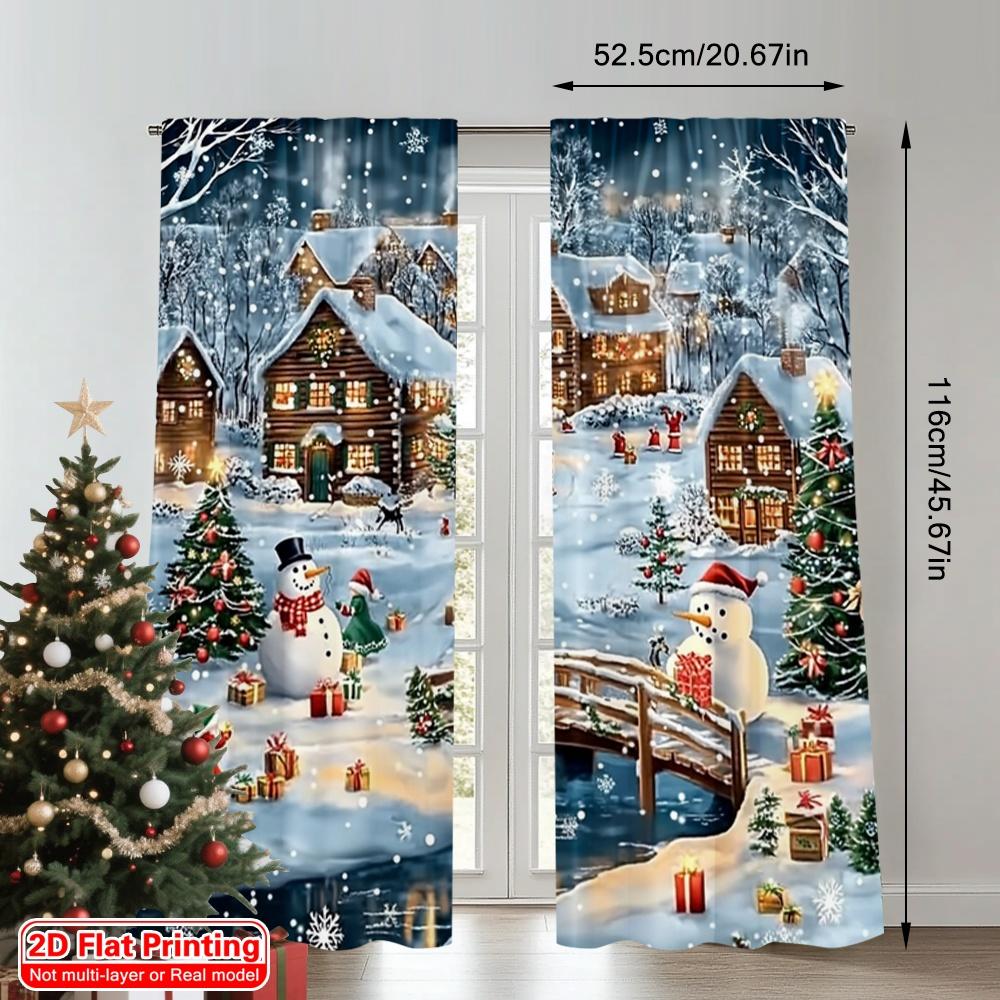 2D Flat Printing 2pcs Christmas Drapes Snowmen and Trees6 Machine Washable Fabric Without Electricity Spring Party & Holiday