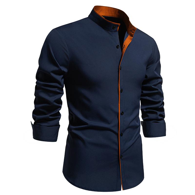 Autumn Men's Color Blocking Shirts Long Sleeve Henry Collar Casual Shirts Single Breasted Shirts Classical Tops