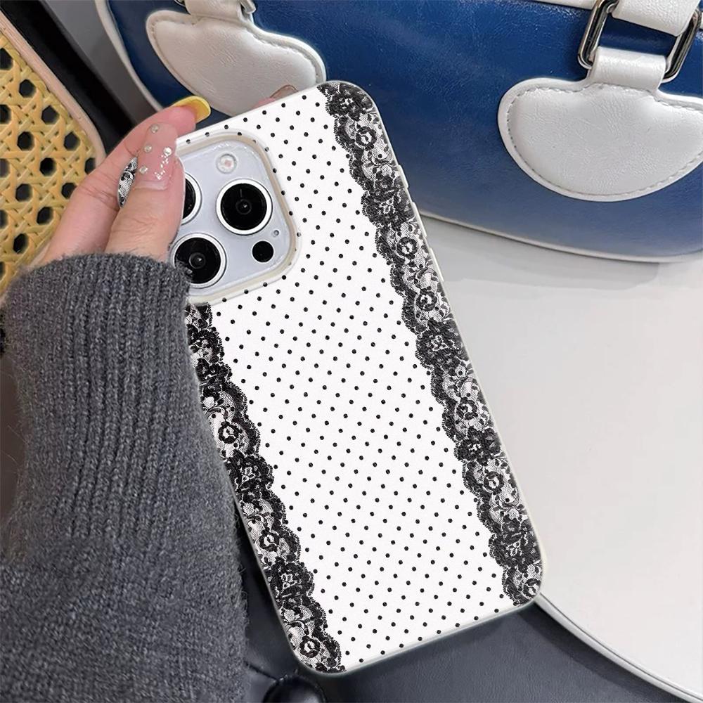 Черный Кружевной Чехол для Телефона с Рисунком Личи в Горошек Для iPhone 17 16e 16 15 14 13 12 11 Air Pro Max Plus XR XSMax Ударопрочный