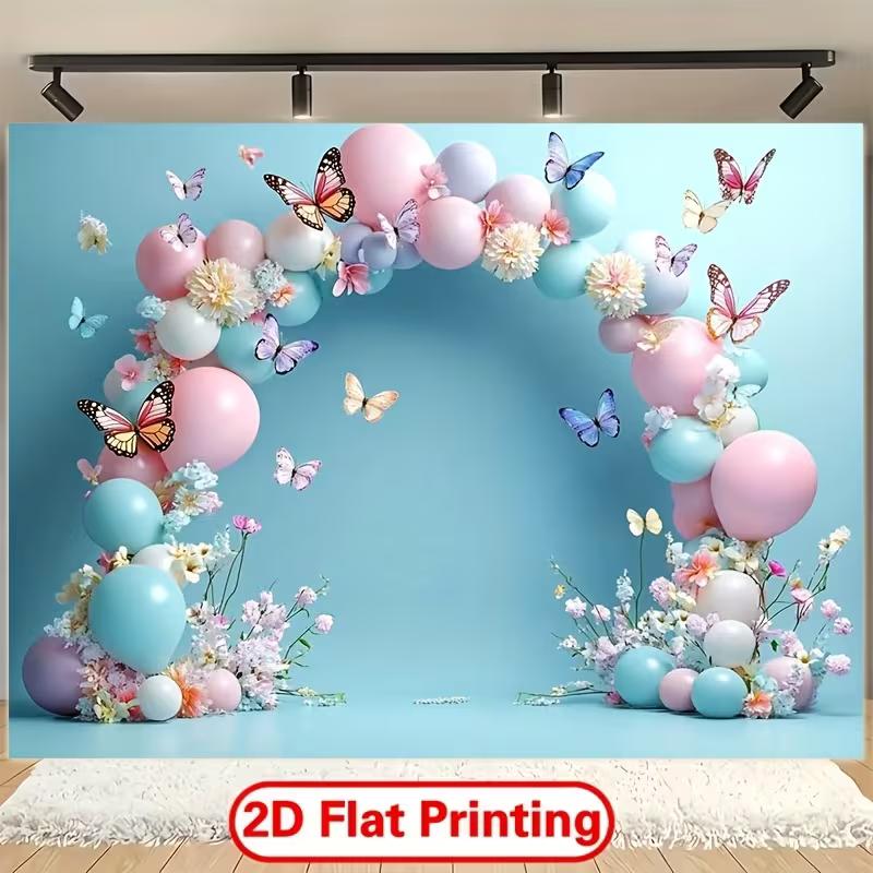 2D Flat Print Pastel Blue Balloon Butterfly Backdrop, Spring Floral Party Decoration Background for Photo Studio