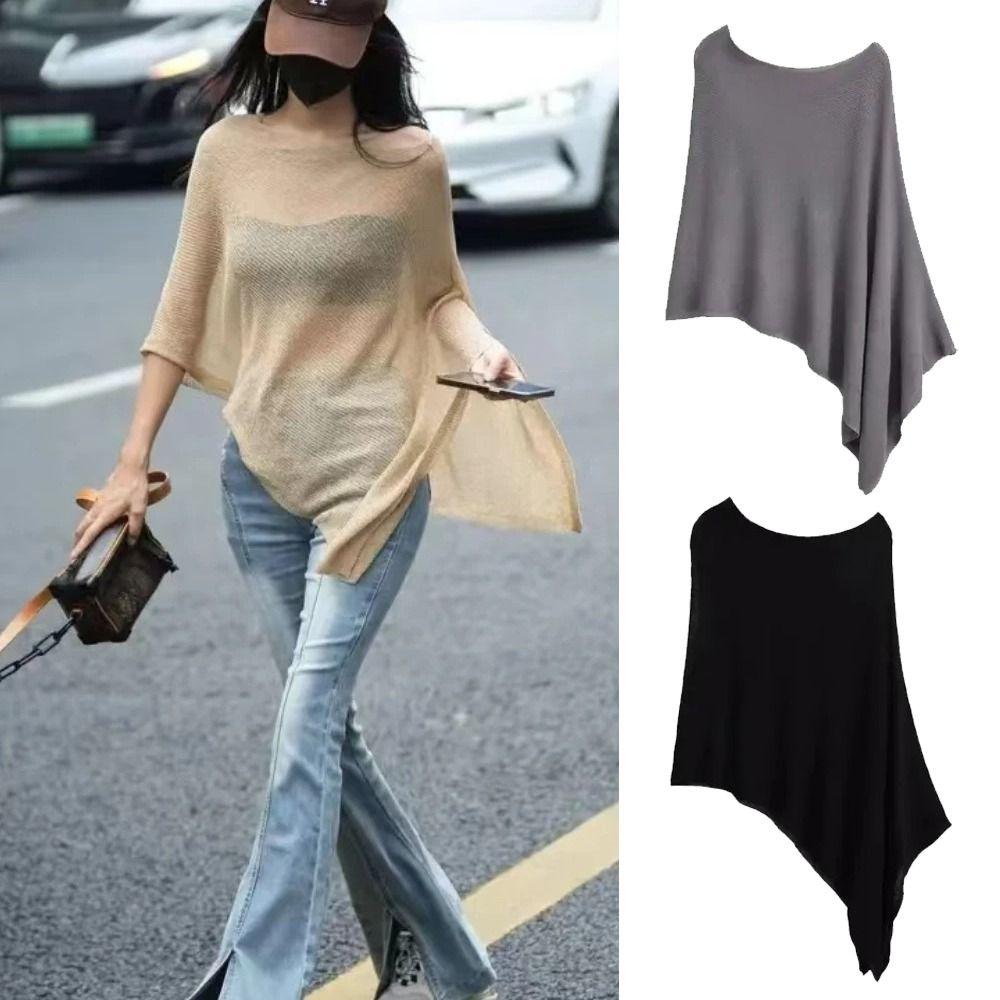 Ice Silk Irregular Cape Shawl Thin Knitted Sweater Top Women Fashion Sunscreen Scarf