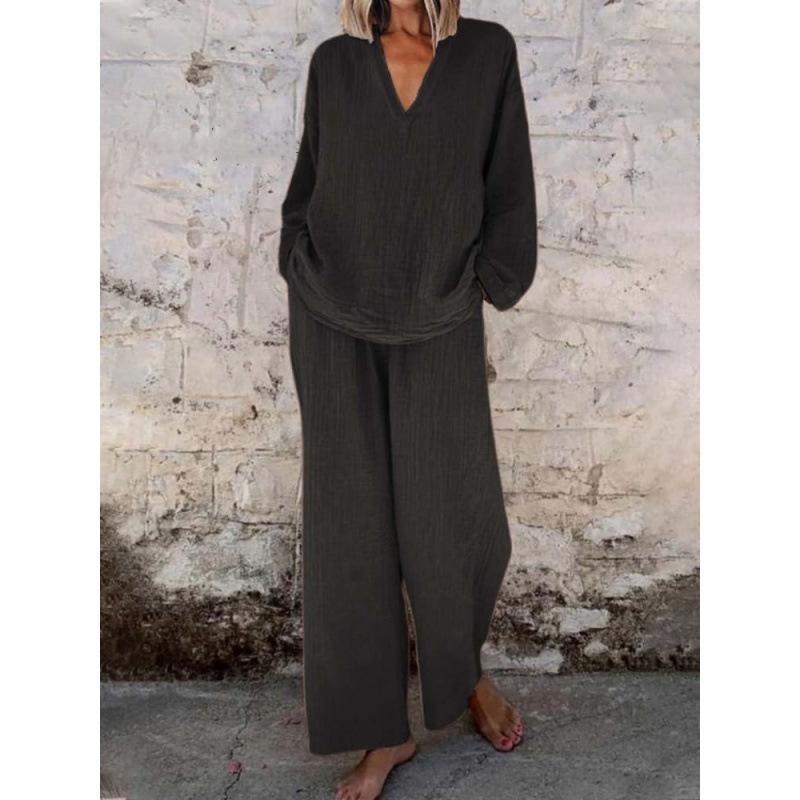 Женский комплект из топа с V-образным вырезом свободного кроя и брюк широкого кроя светло-голубого цвета, повседневный наряд из хлопка и льна