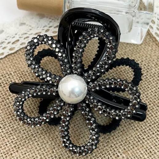 Zircon Flower Pearls Shark Clip Korean Style Shiny Hair Claw Rhinestone Shark Clip Daily