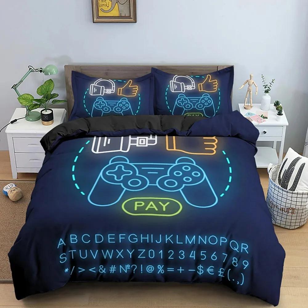 Gaming Gamepad Video Game Neon Comfortable Duvet Quilt Cover Pillowcase Bedding Set Children Bedroom Decoration Home Textile