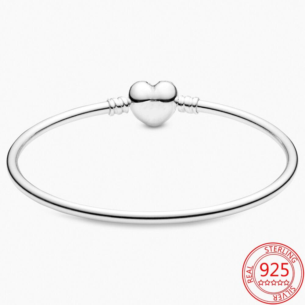Распродажа 925 пробы стерлингового серебра Pan Moment Simple Heart застежка жесткий браслет с подвесками модные ювелирные изделия