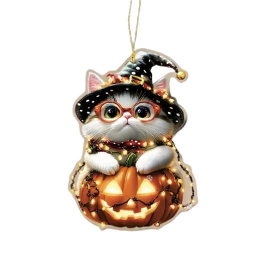 Car Halloween Rearview Mirror Hanging Pendant Cartoon Skull Cat Auto Interior Accessory 2D Flat Acrylic Hanging Charm for Car Backpack