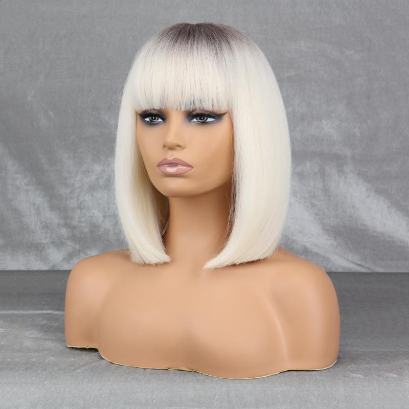 MISS WIG Женский короткий прямой парик Боб с челкой Синтетическое волокно Серый Косплей Повседневная одежда Парик Боб длиной до плеч