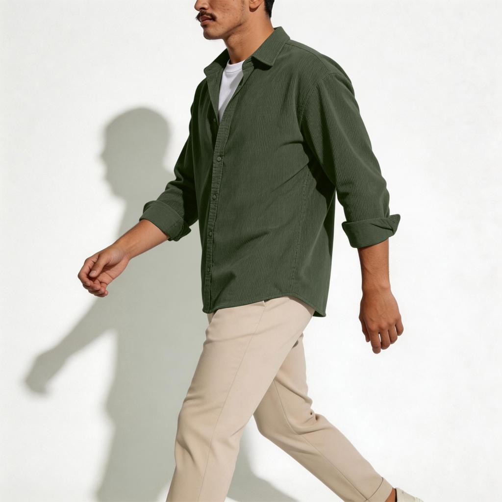 Men's Casual -color Lightweight Breathable Corduroy Button-down Shirt - Men's Stylish Loose-fitting Long-sleeved Shirt