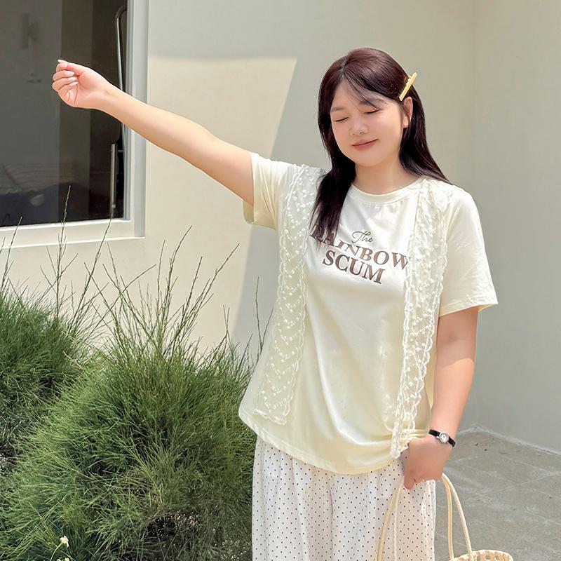 Large size women's age-reducing lace shawl T-shirt women's summer new printed short-sleeved top 222174