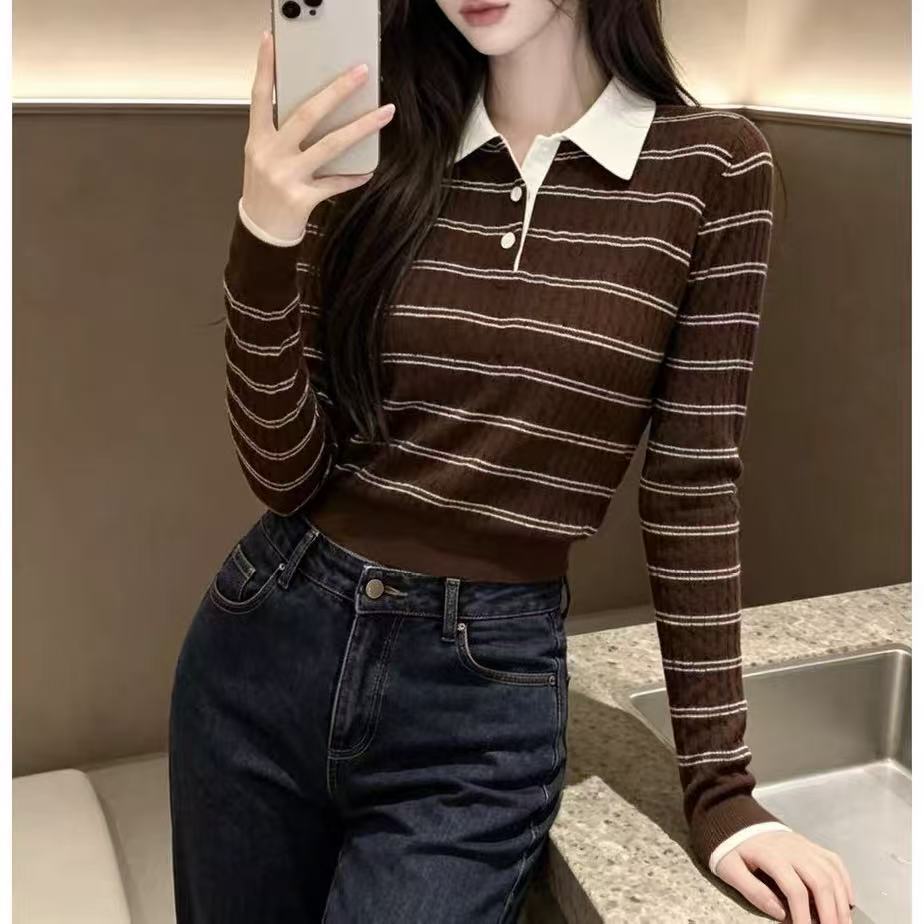 Old money style Polo collar striped knitted sweater women's autumn high-end top bottoming shirt with unique chic sweater inside