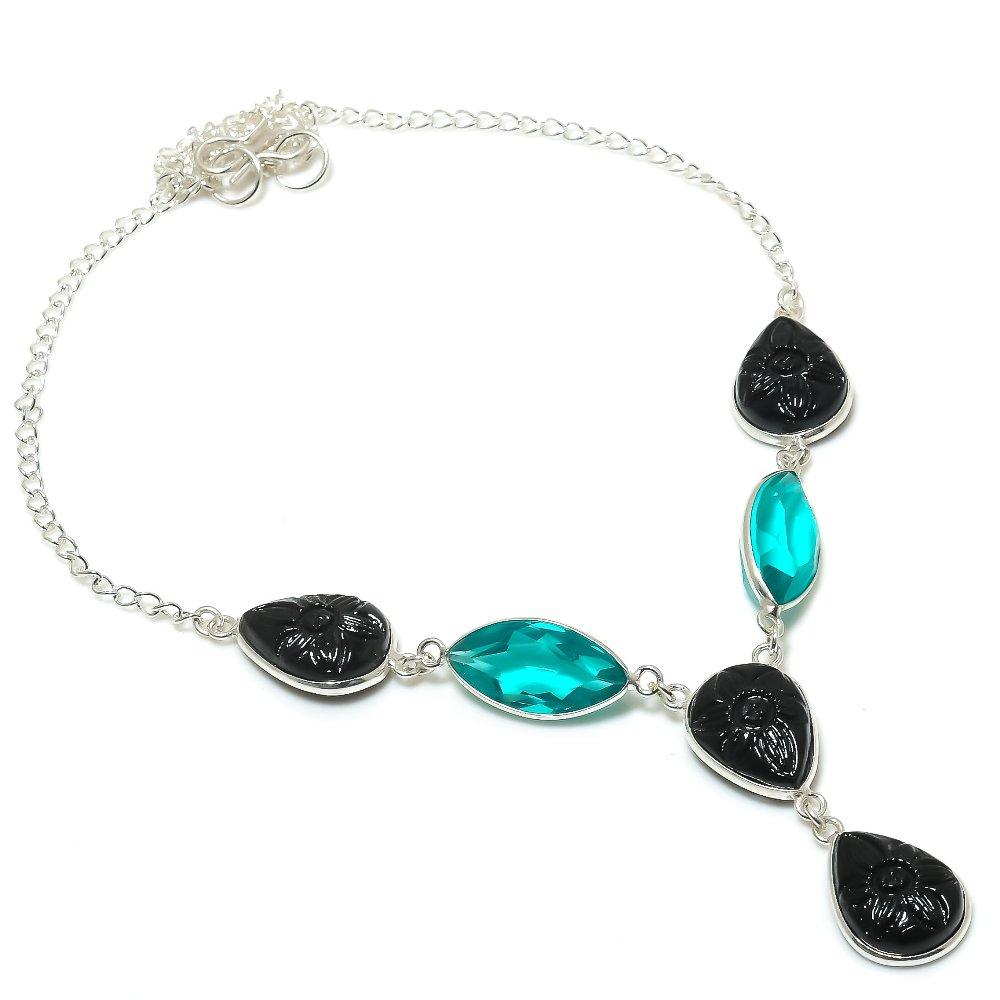 Indicolite Tourmaline, Onyx Gemstone 925 Sterling Silver Necklace 18"