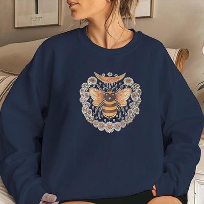 Женская бархатная толстовка с круглым вырезом на осень и зиму - Принт Moon Bee