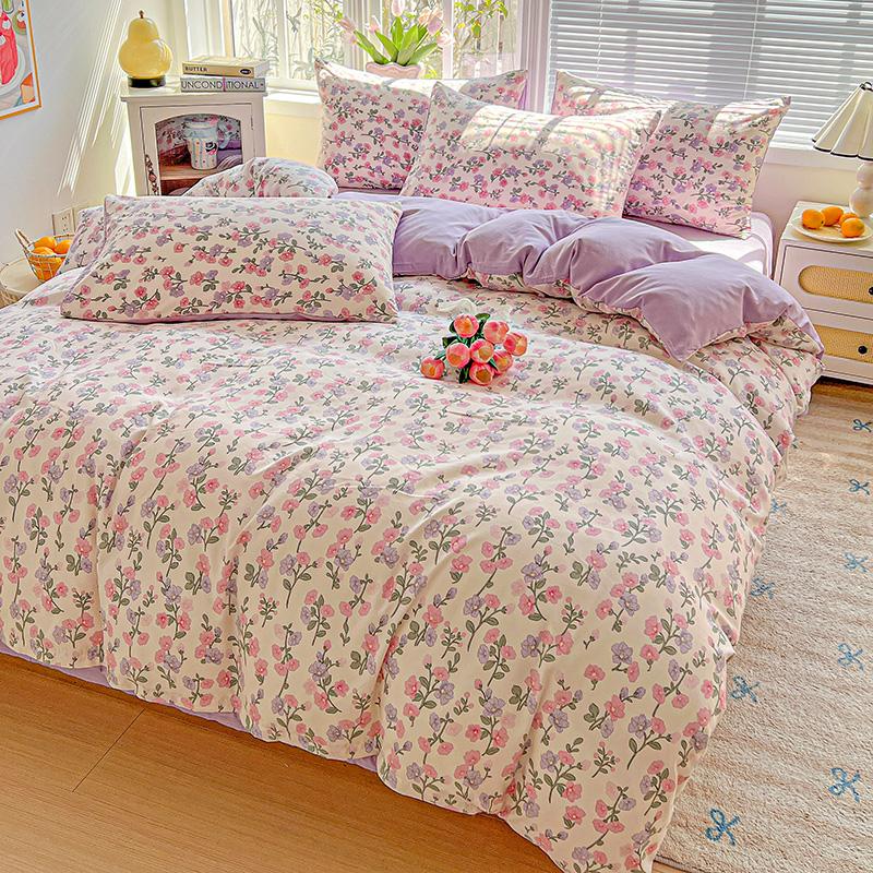 American Country Floral Printed Duvet Cover Set Soft Breathable Double Bedding for Spring Summer Quilt Cover Set with Flat Sheet
