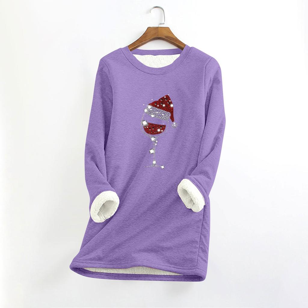 Женский круглый вырез с длинным рукавом и рождественским принтом, утолщенный плюшевый кашемировый теплый длинный топ