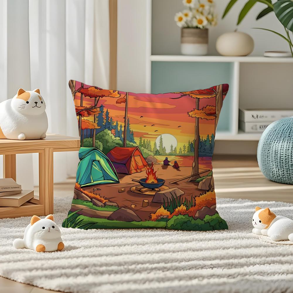 Happy Camper Cartoon House Pillow Case Silky elegant Comfort Sofa Bed Invisible zipper