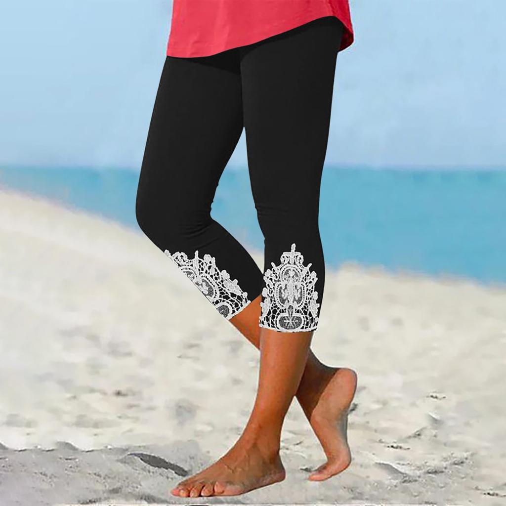 Брюки для женщин, эластичные кружевные леггинсы длиной 3/4, повседневные спортивные штаны для бега, тренировки, йоги