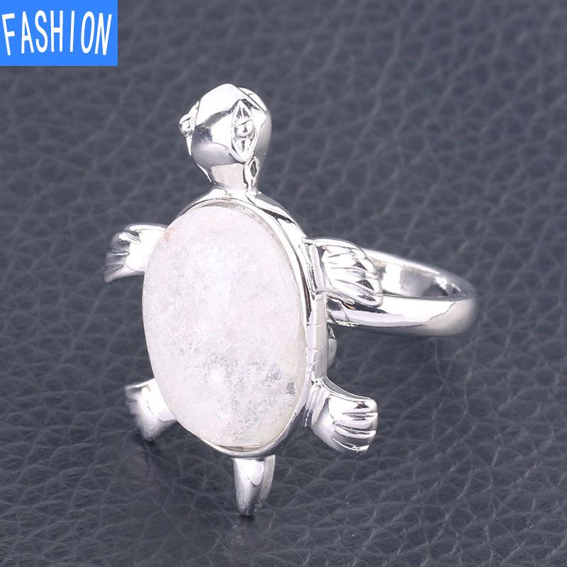 Симпатичное кольцо с натуральным кристаллом и черепахой, регулируемое открывающееся кольцо для женщин