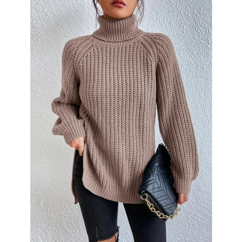 Autumn and Winter Women's Plus Size Knit Sweater Medium Long Shoulder Sleeve High Lapel Split Sweater Dress