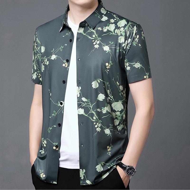 Рубашка мужская с короткими рукавами, летняя одежда, средний возраст, шелк льда, напечатанный, тонкая свободная рубашка с короткими рукавами, мужской кардиган с принтом, топ