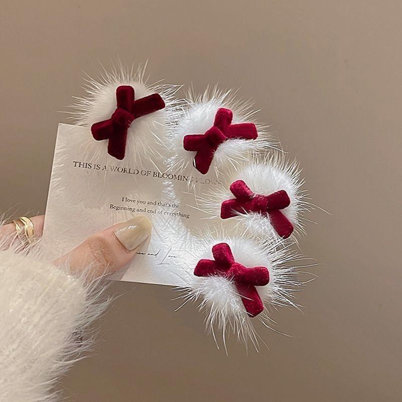 Красные бархатные заколки-банты для принцессы, милые помпоны в форме сердца, детские осенне-зимние заколки для волос, корейские милые заколки, новогодний головной убор