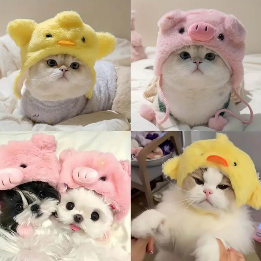 Cute Cat Costume Warm Hat Adorable Plush Pig/Chicken Shape Pet Hat Suitable for Small Dog Kitten Puppy
