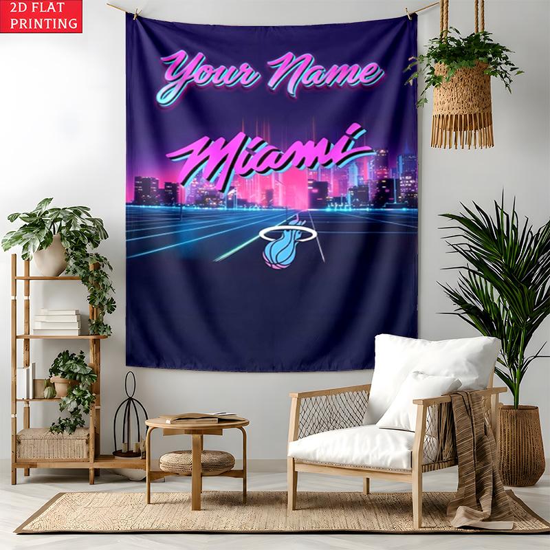 Miami Heat Custom Name Tapestry Personalized Wall Art Hanging Bohemian Home Decor for Bedroom Dorm Living Room