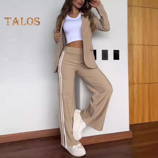 Комплект из 2 предметов: пальто и брюки для леди, отложной воротник, длинные рукава, свободные полосатые брюки с широкими штанинами, повседневная одежда для поездок на работу