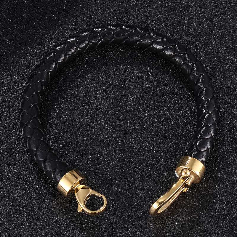 Trendy Men's Jewelry Black Braided Leather Bracelet Gold Color Stainless Steel Horseshoe Lobster Clasp Handmade Bracelets SP0760