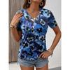Женская футболка с модным цветочным принтом, короткий рукав, обычные топы с V-образным вырезом, повседневная, темно-синяя, синяя, фиолетовая, летняя