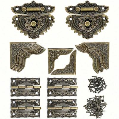 2 комплекта/22 шт. Ретро Декоративный Шкаф Шкатулка для драгоценностей Защелка Замок Пряжка Винтажная Бронза Гравированные Мини-петли для коробки и Защитные уголки для коробки с винтами