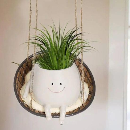 Подвесной стул-качалка, горшок для цветов, очаровательный внешний вид, устойчивый к ультрафиолетовому излучению, домашний и уличный декоративный горшок с улыбающимся лицом, цветочный горшок