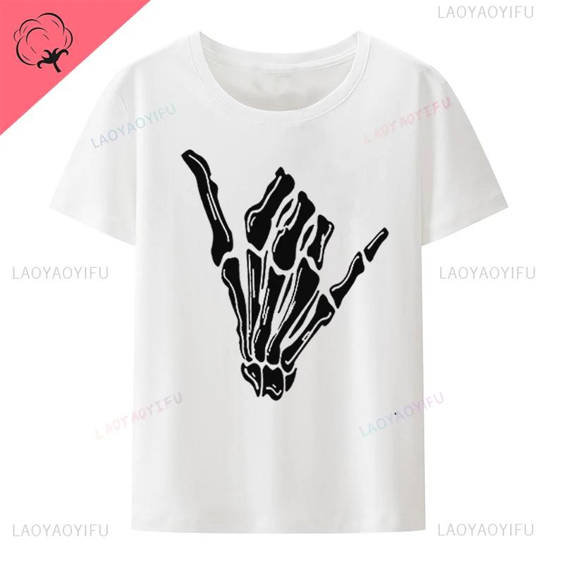 Halloween Finger Skeleton Printed Tshirt Gothic Street Fashion Oneck Cotton Short Sleeve Tee Loose Breathable Hipster Tops