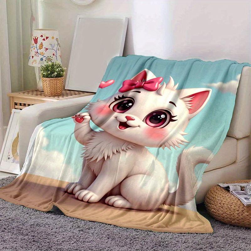 1pc Cute Cartoon Cat with Pink Bow Heart-Shaped Cartoon Blanket, Seasonal Home Decorative Blanket, for All Season Use, Bed, Couch, Office, O