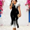 Women Plus Size V Neck Short Sleeve Red Black Printed Fitted Fishtail Dress