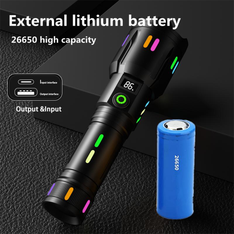 New White Laser Long Range Flashlight Type-C Charging Digital Display Fluorescent Bar Tail Hammer Zoom Flashlight Telescopic Flashlight