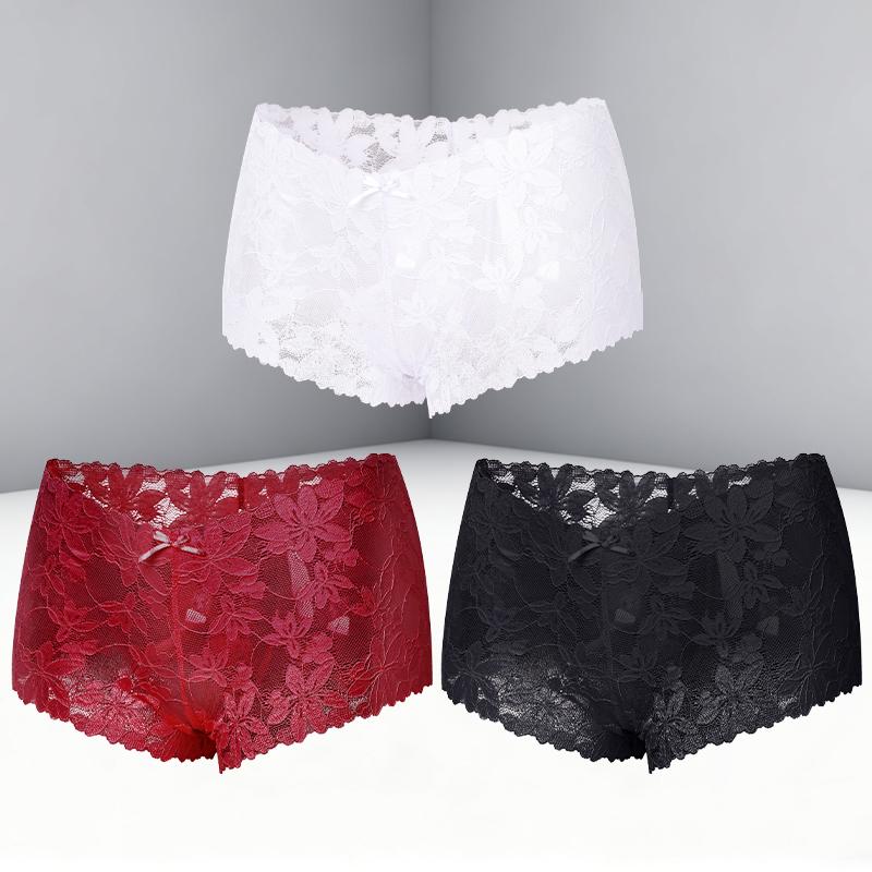 FINETOO 3Pcs Women's Sexy Lace Floral Perspective Boyshorts Solid Color Hollow Out Boxer Panties Female Breathable Transparent Lingerie