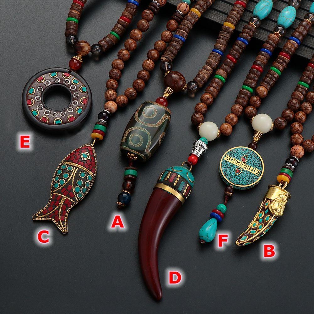 Boho Ethnic Jewelry Lucky Gift Party Mala Wood Bead Buddhist Horn Fish Pendant Nepal Necklace