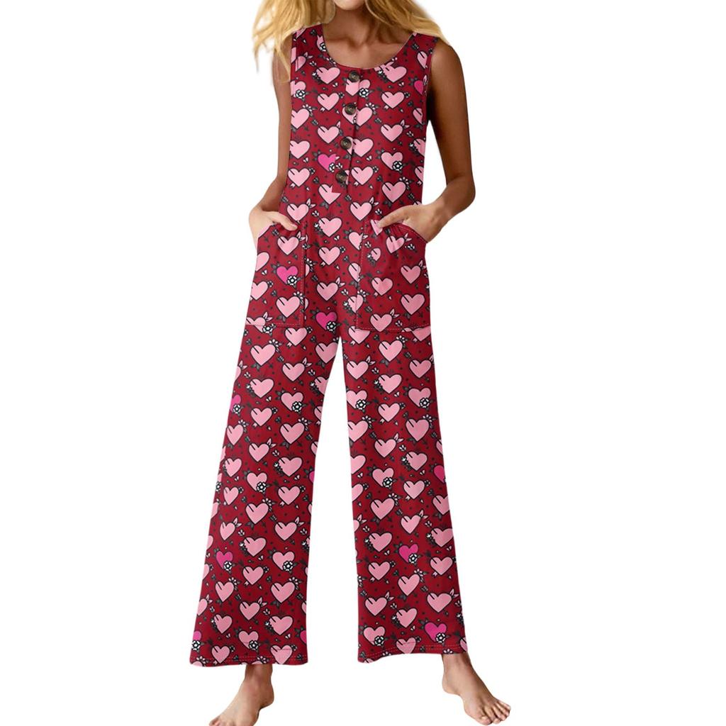 Women's Fashion Casual Button Sleeveless Jumpsuit Floral Flower Print Cotton Pocket Jumpsuit