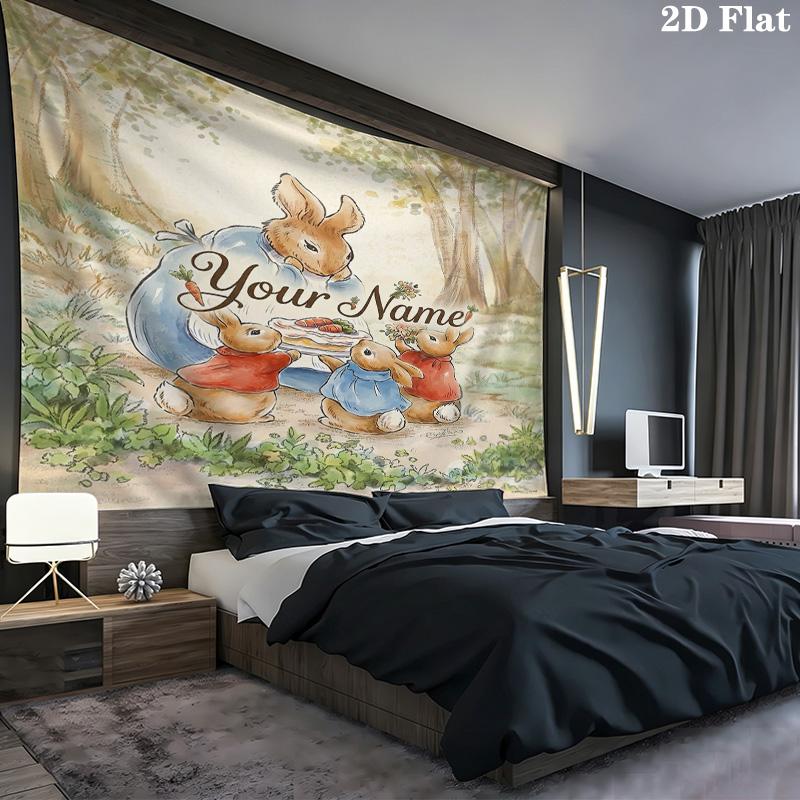 Easter Bunny Picnic Custom Name Wall Tapestry Aesthetic Wall Hanging Printed Fabric Blanket Decorative Tapestries For Bedroom Living Room Home Decor