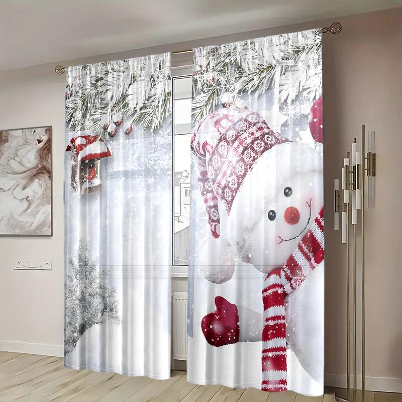 2 шт., шторы с изображением рождественского снеговика - 30% затемнения - подходят для гостиной, спальни, кухни, украшения дома