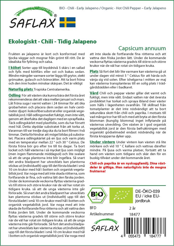 SAFLAX Сад в сумке - Органический - Острый перец чили - Ранний халапеньо - 20 семян - С субстратом в подходящем стоячем мешке - Capsicum annuum